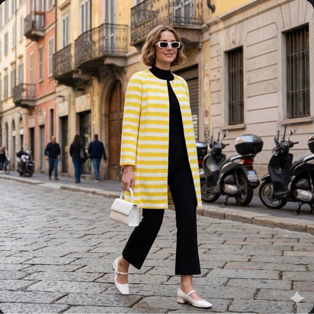 PATRIZIA PEPE Yellow White Striped Topper Coat Mod A-Line Collarless Italy 46 L